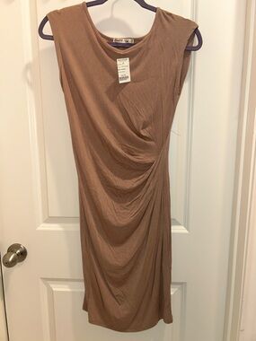 Heart Hips Sleeveless Draped Midi Dress in Taupe